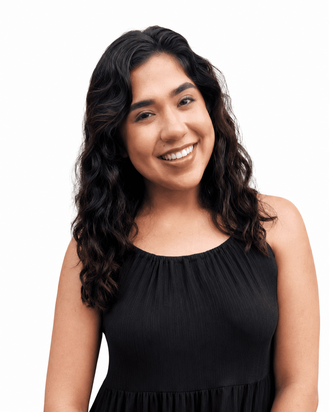 Smiling person in a black sleeveless top against a plain background.